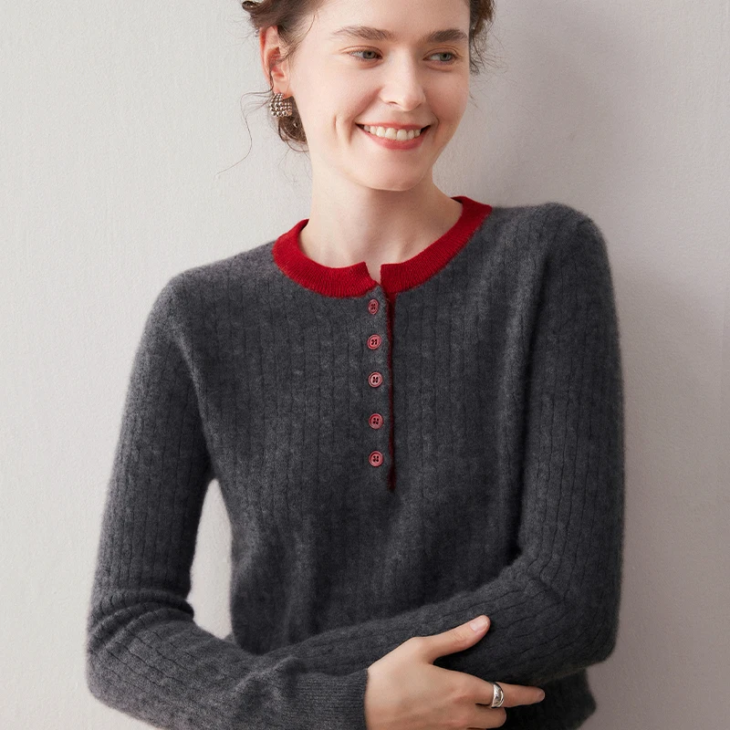 Autumn Winter 100% cashmere Knitted Sweater Women's Slim Fit Round neck  Style Warm and versatile Youthful Fashionable coat
