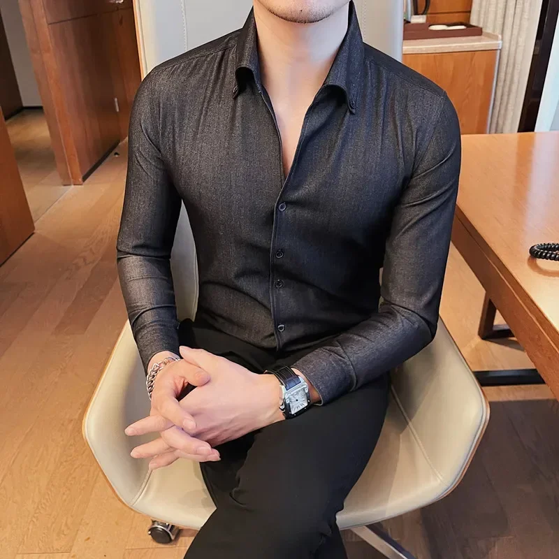 High Quality 4XL-M Business Formal Wear Long Sleeve Shirts For Men Clothing 2023 Slim Fit Casual V Neck Blouse Homme Tuxedo Sale