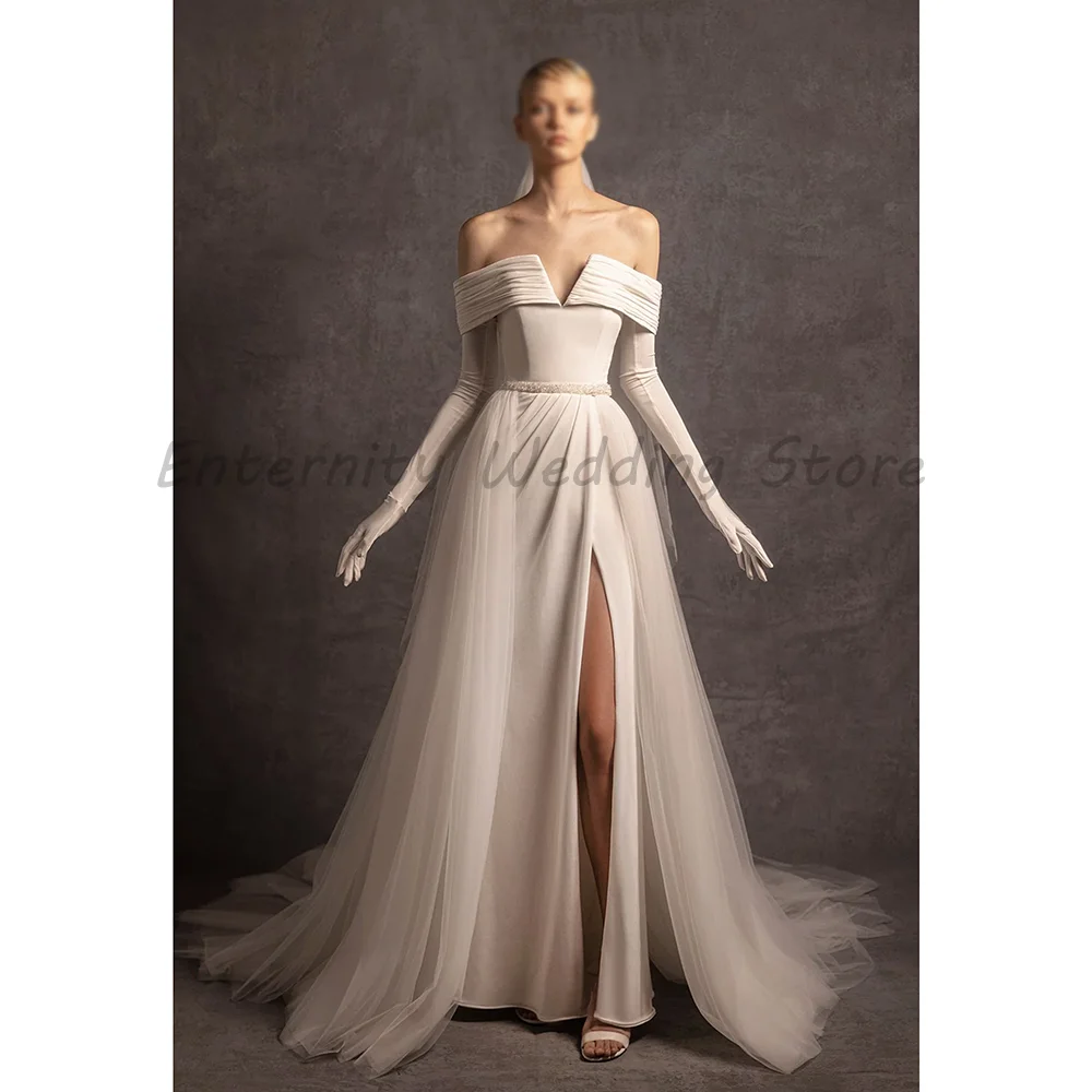 Ivory Off‑Shoulder Pleated Wedding Dress Deep V Beaded Belt High Slit Tulle A‑Line Long Gloves Chapel Train Modern Bridal Gown