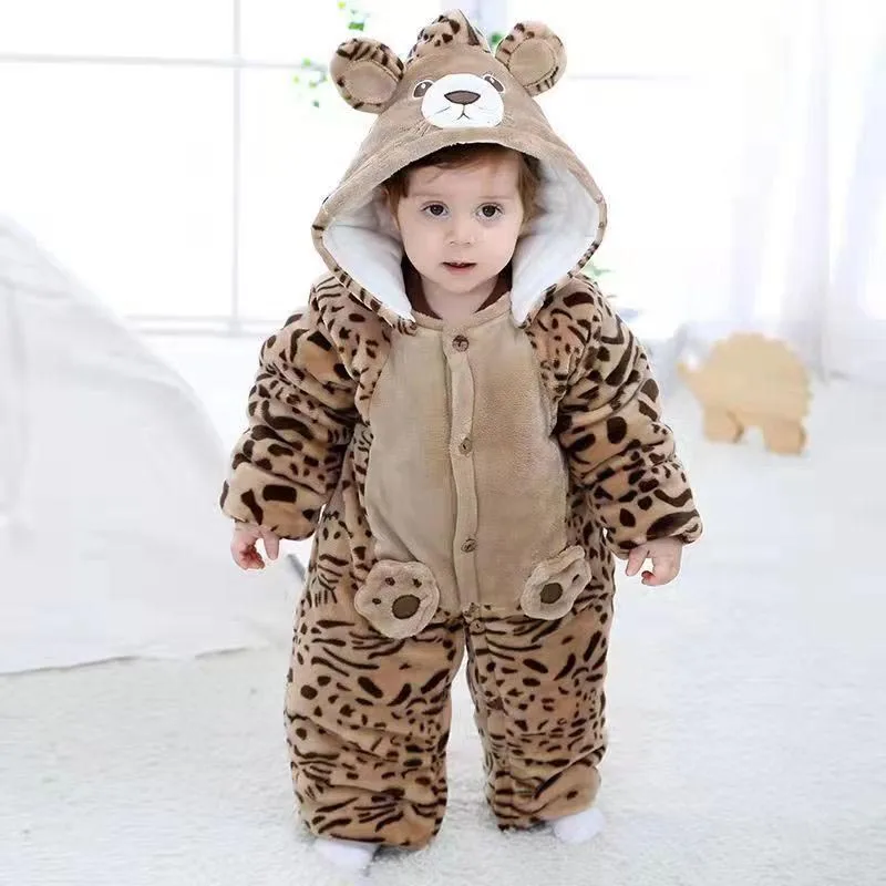 Winter Warm Hoodied Baby Rompers for Boy Girl Cartoon Ear Hood Fleece Onesies Infant Jumpsuits Pyjamas Sleepwear Toddler Overall