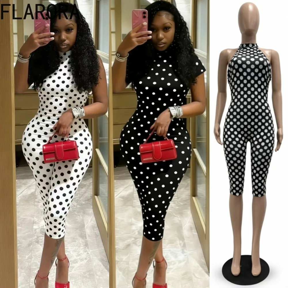 

FLARORA Сексуальный комбинезон в горошек с принтом, женский, с лямкой через шею, на завязках, летний, в стиле хипстер, с открытой спиной, для активного отдыха и тренировок, облегающий, эластичный, комбинезон-плейсьют