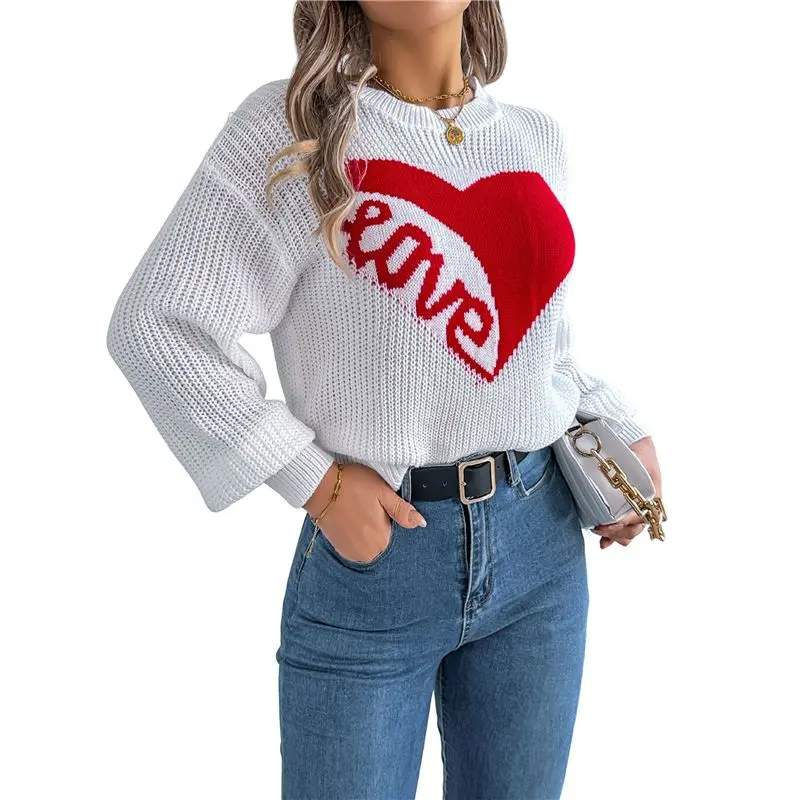 

CYL-Valentine's Day Sweater For Women Heart Woven Knitted Pullover Long Sleeve Woven Knitted Casual Sweater
