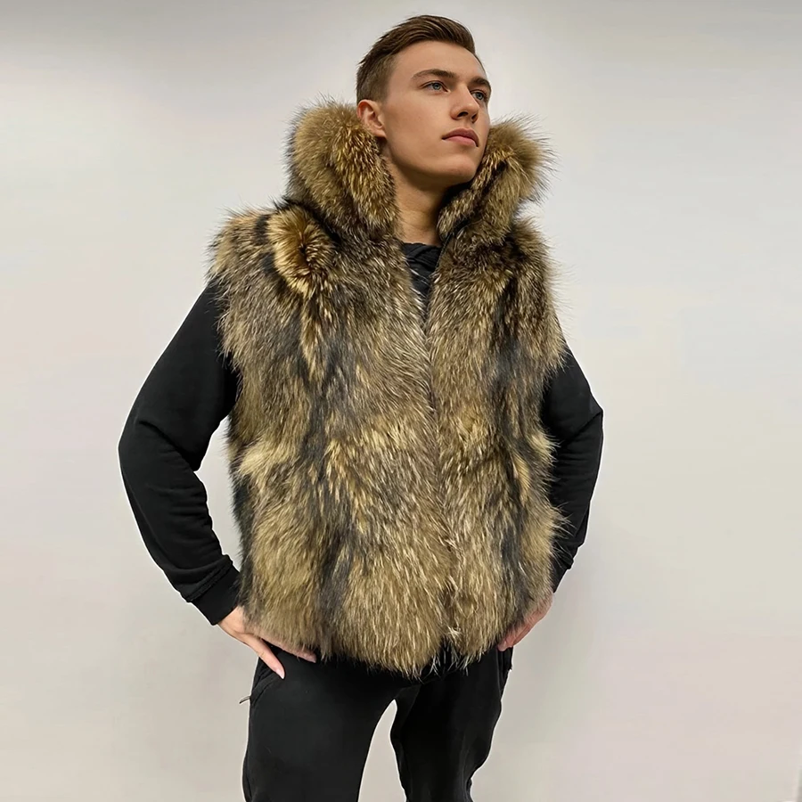 Real Raccoon Fur Vest For Men Sleeveless Fur Coat Raccoon Fur Jacket With Collar Best Selling Genuine Leather Jacket