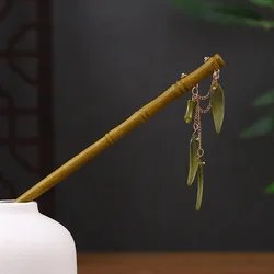 Bamboo Leaf Hair Stick Chinese Han Costume Hairpin Chopstick Vintage Cheongsam Decor Hair Bun Jewelry Simple Tassel Tiaras Gifts