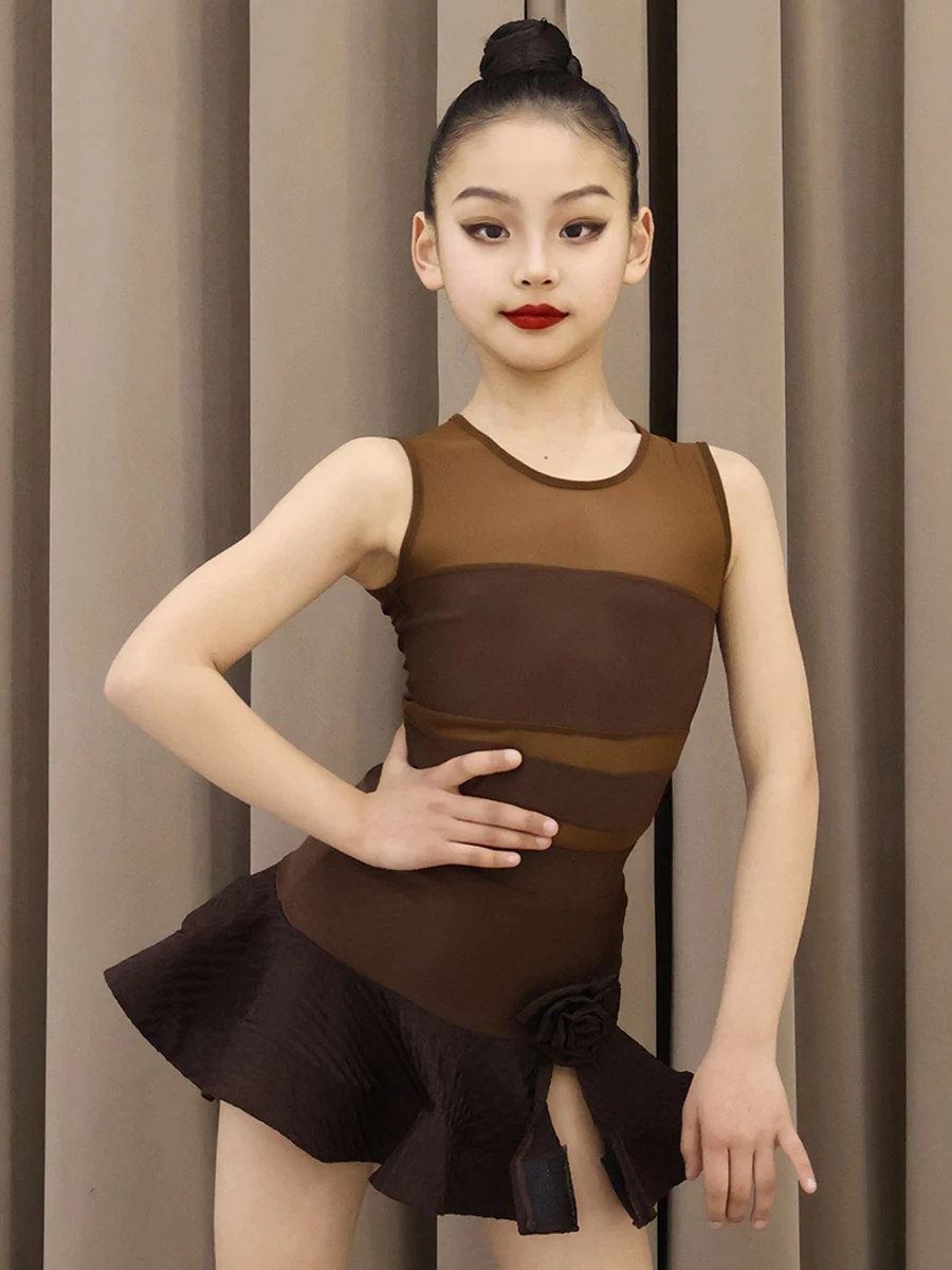 

2024 Summer Latin Dance Clothes Kids Girls Sleeveless Brown Suit Traning Practice Dress Suit Cha Cha Rumba Dance Dress DNV19675