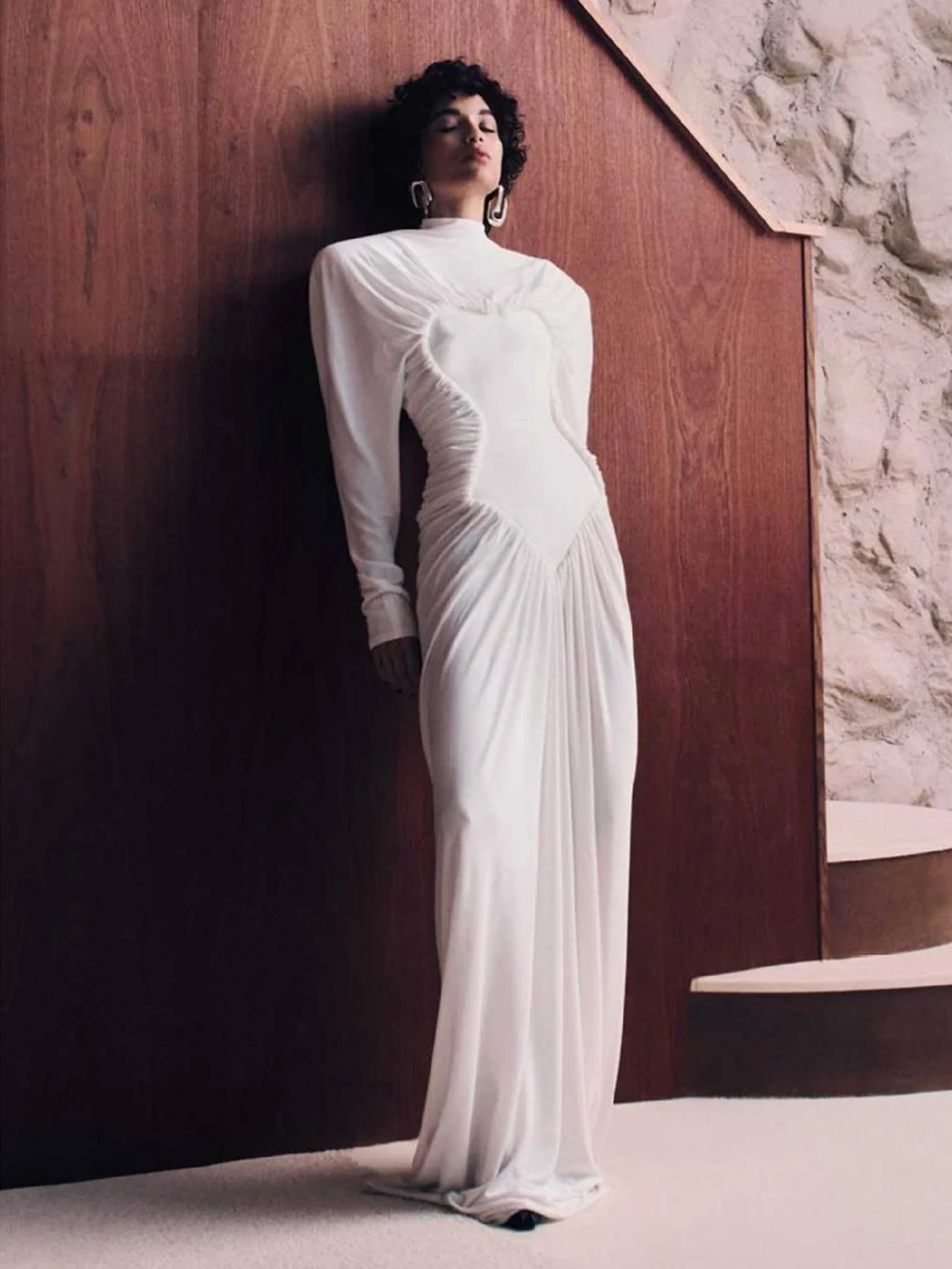 Modphy White Pleated Heart-Shaped Design Spliced Long Dress Women'S Long Sleeved Tight High Waisted Dress Elegant Dinner Gown