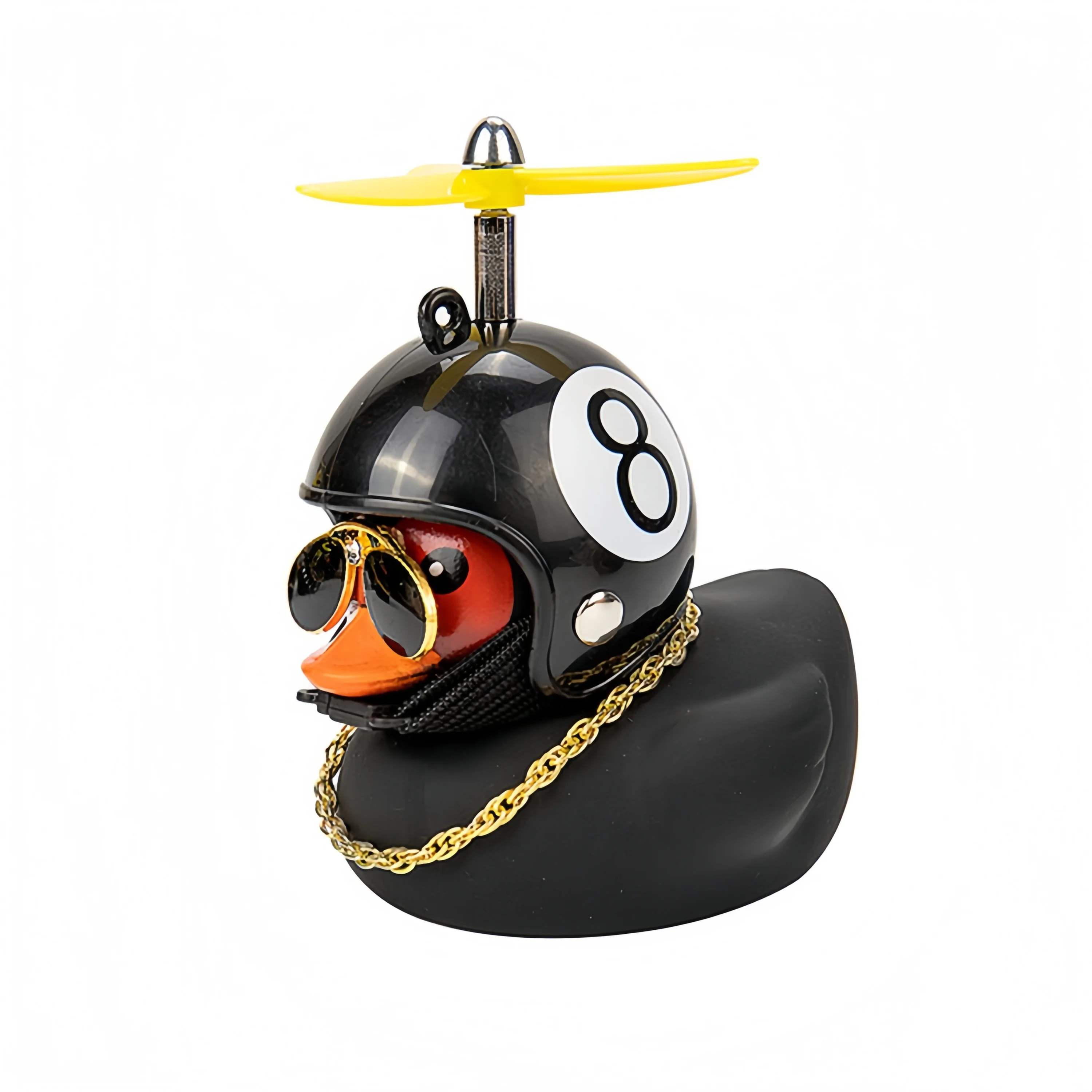 Schwarze Gummi-Ente als Auto-Armaturenbrett-Ornament mit Propeller, Helm und Sonnenbrille, Lustiges Auto-Innenzubehör, Fahrrad-Ornament, Geschenk – Detail 9