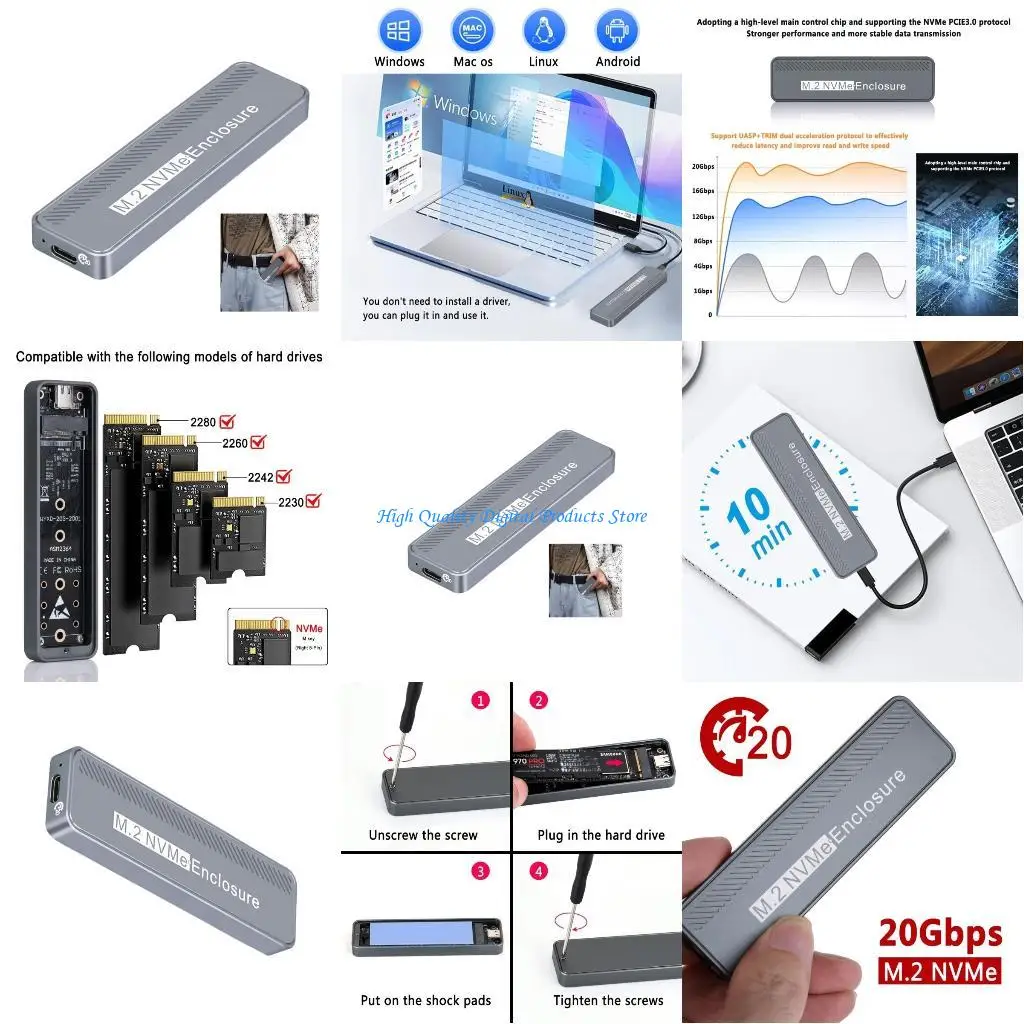 

U2JE Aluminum Alloy Heat Sink Case M.2 NVMe SSD Enclosure Box USB 3.2 Gen2x2 SSD Case