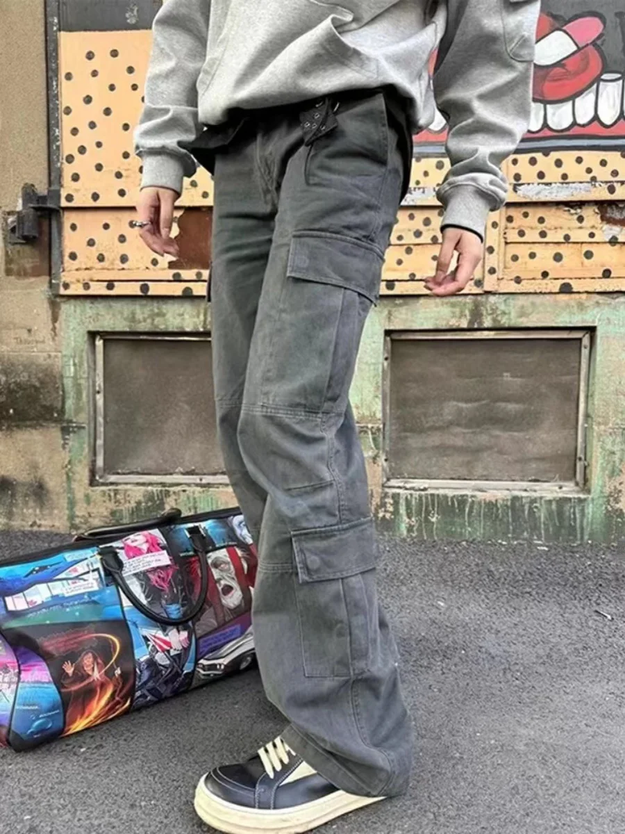 

American Retro Military Green Work Pants Men Summer Paratrooper Thin Handsome Loose Wide Leg Straight Casual Trousers