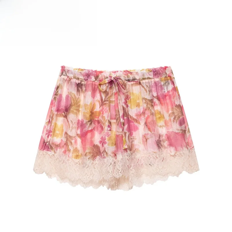 

Fashionable Floral Print Lace Shorts Women's Casual High Waist Straight Leg Polyester Fiber Summer New Arrival 1971224 020