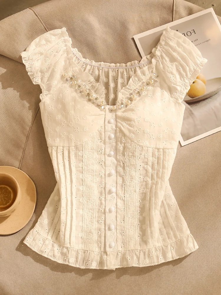 

Faionable Белый летний жилет Slim Fit Wing Sve Design Корейский топ с вырезом Pearl Embellied Commute Sle ort L...