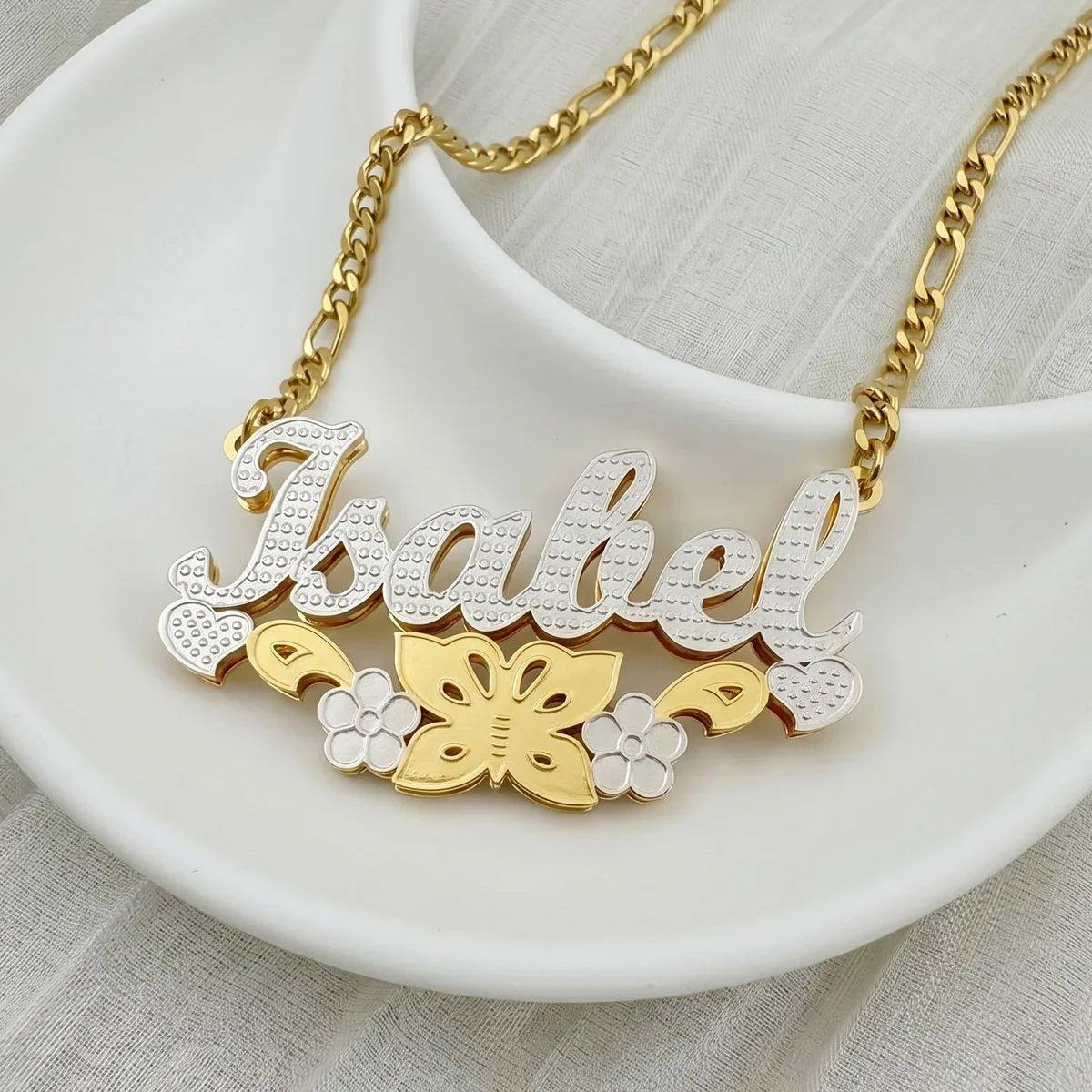 Custom Name Stainless Steel Double Layer Necklace Personalized Letter with Flower Double Color Necklace Men's Women's Gifts