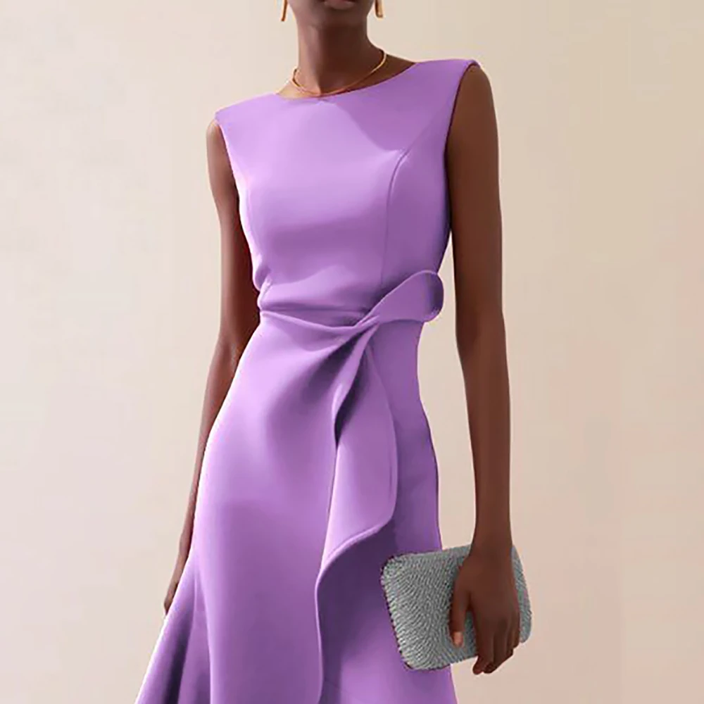 

Women's Elegant Sleeveless Evening Dress Asymmetrical Pleats Fishtail Party Knee-Length Midi Dress Female Wedding Guest Dresses