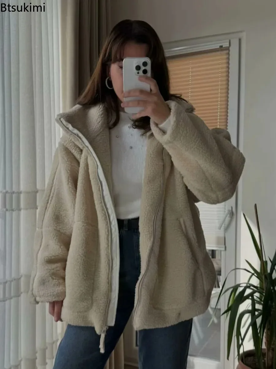 2025 Winter New Women's Wool Jackets Casual Loose Simple Versatile Zipper Stand Up Collar Long Sleeve Warm Coat Women Streetwear