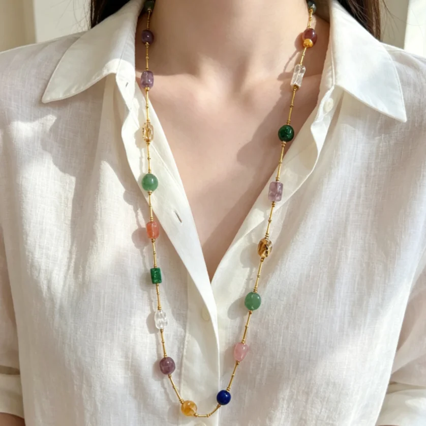 Braided Bead Necklace White Crystal Salt Source Red Flower Dry Green Agate Pink Crystal Fluorite Women Jewelry
