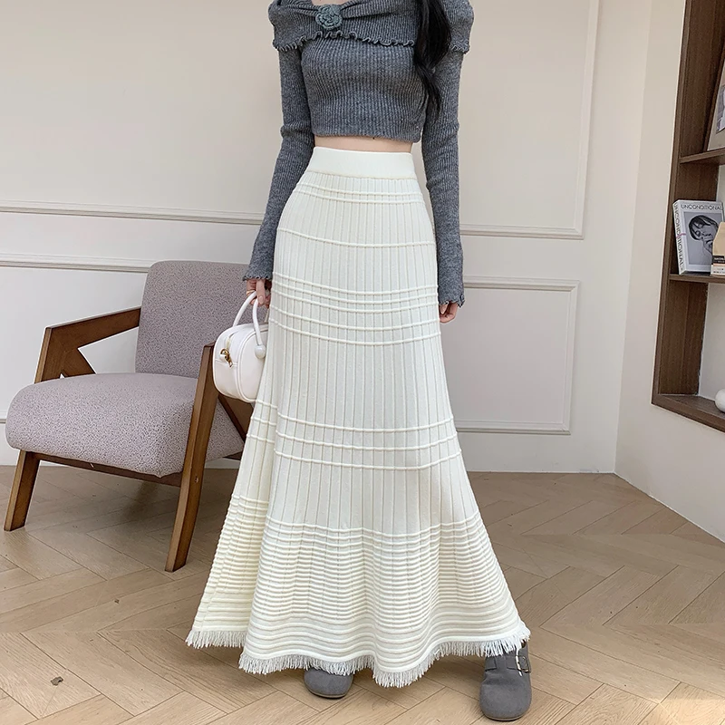 

Elegant Knitted Midi Skirt Women Fashion Tassel Patchwork Black Hip Wrap Skirts Winter Ladies Korean Design Slim A Line Faldas