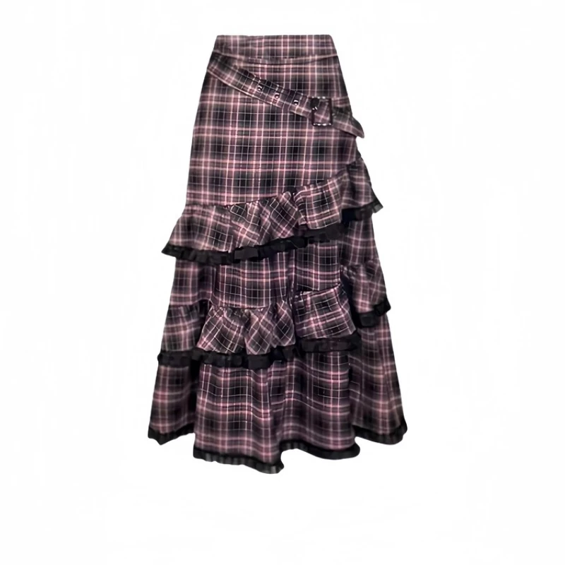 Falda acampanada a cuadros para mujer, diseño Vintage, dulce, rosa y negro, corte en A, encaje, faldas largas holgadas y versátiles, novedad de otoño