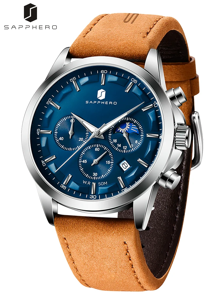 SAPPHERO Men's Business Watch, Leather Strap, Waterproof Design, Stopwatch Function, Date Display, Men's Watch, Travel Essential