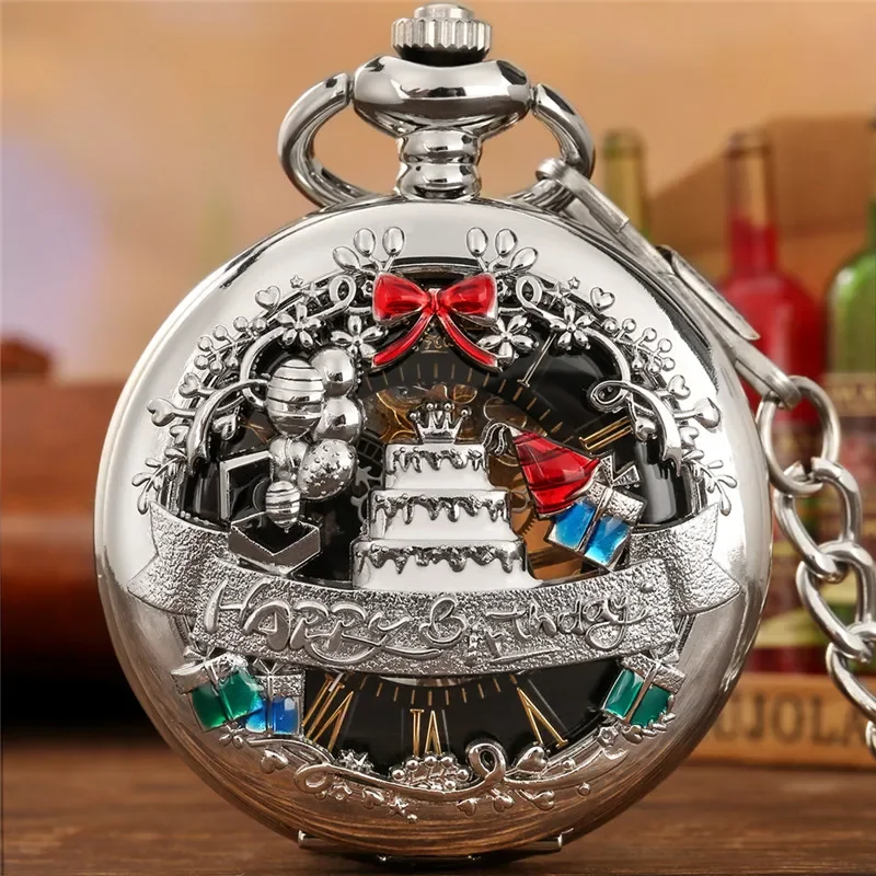 Creative Pocket Watch Hollow Out Happy Birthday Cake Design Unisex Hand Winding Mechanical Clock Timepiece with FOB Chain