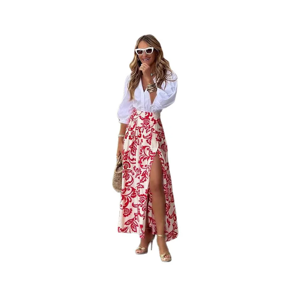 Fashion Bohemian Style Flower Print Skirt Women Sexy Slit High Waist Long Skirts Female Spring Summer Vacation Beachwear 2025