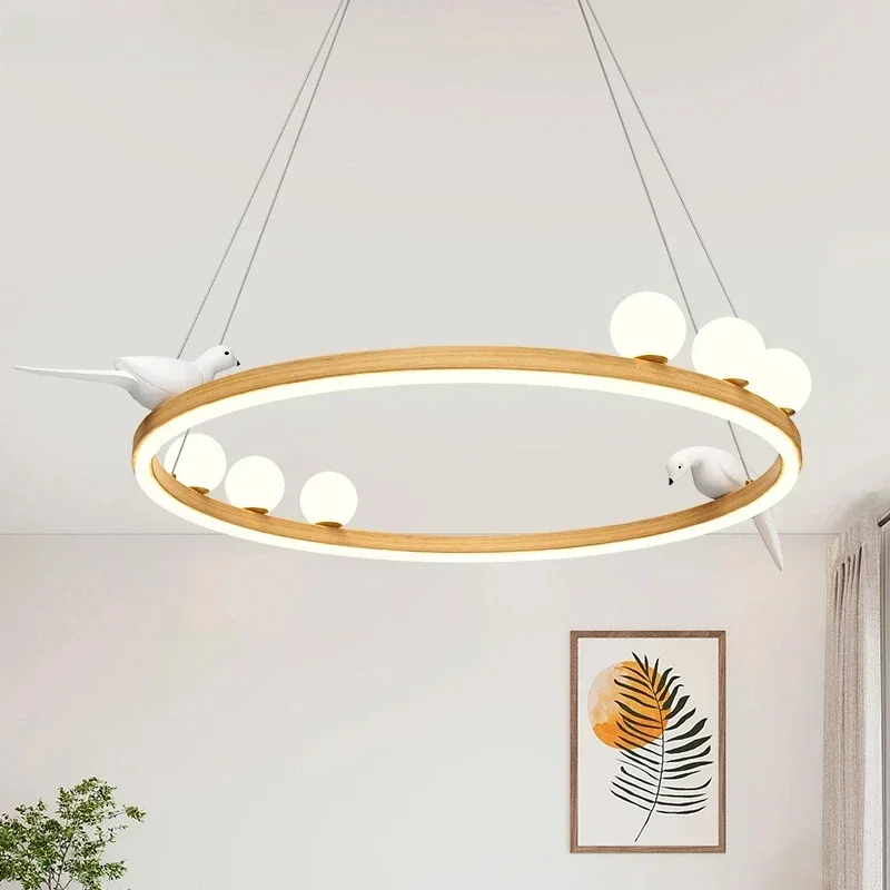 Wire Hanging Round LED Chandelier With White Birds For Living Room Postmodern Foyer Lustres Suspension Dining Lighting Fixtures
