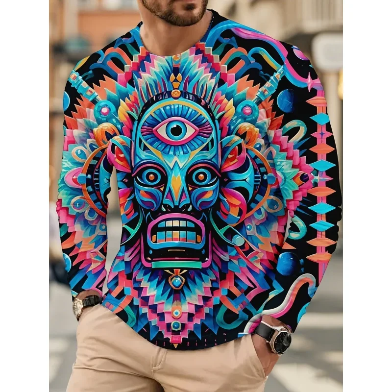 Men All Seeing Eye Totem 3D Print Long Sleeve T-shirt Polyester Fiber Psychedelic Graphic Tops
