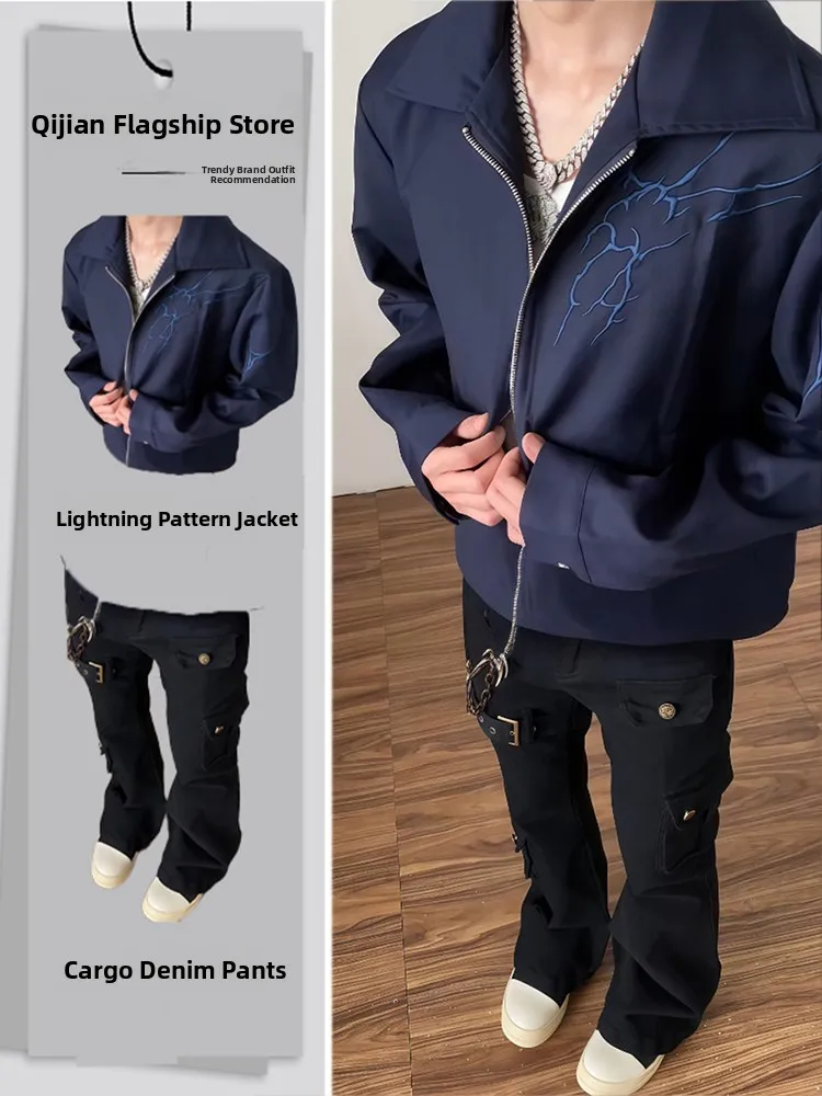 

Cool ort Embroidered Jaet Boys Faion Set with Belted Workwear Jeans Thunderbolt Color Youth Autumn Long Sve Long Pants