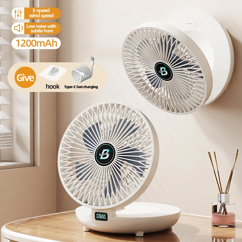 Ventilatore da Tavolo Pieghevole a Parete, 3 Velocità, Ricaricabile USB Type-C, Piccolo Ventilatore di Raffreddamento con Batteria da 1200mAh, Silenzi