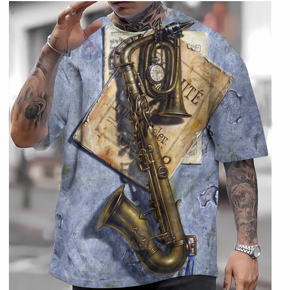 Saxophone Print Men\'s T-Shirt Summer Casual Short Sleeve T-Shirt Men Clothing Quick Drying Pullover Retro Oversized Tees For Men