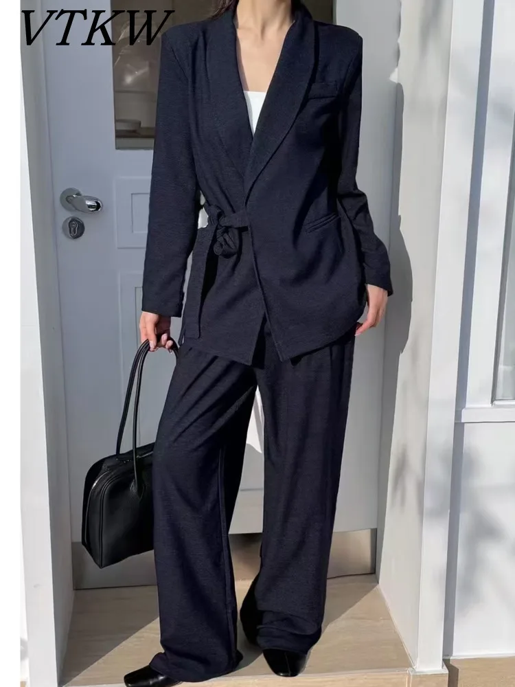 

VTKW однотонный женский пиджак с поясом на талии, весна 202, свободный длинный костюм, универсальный комплект из двух предметов высокого качества