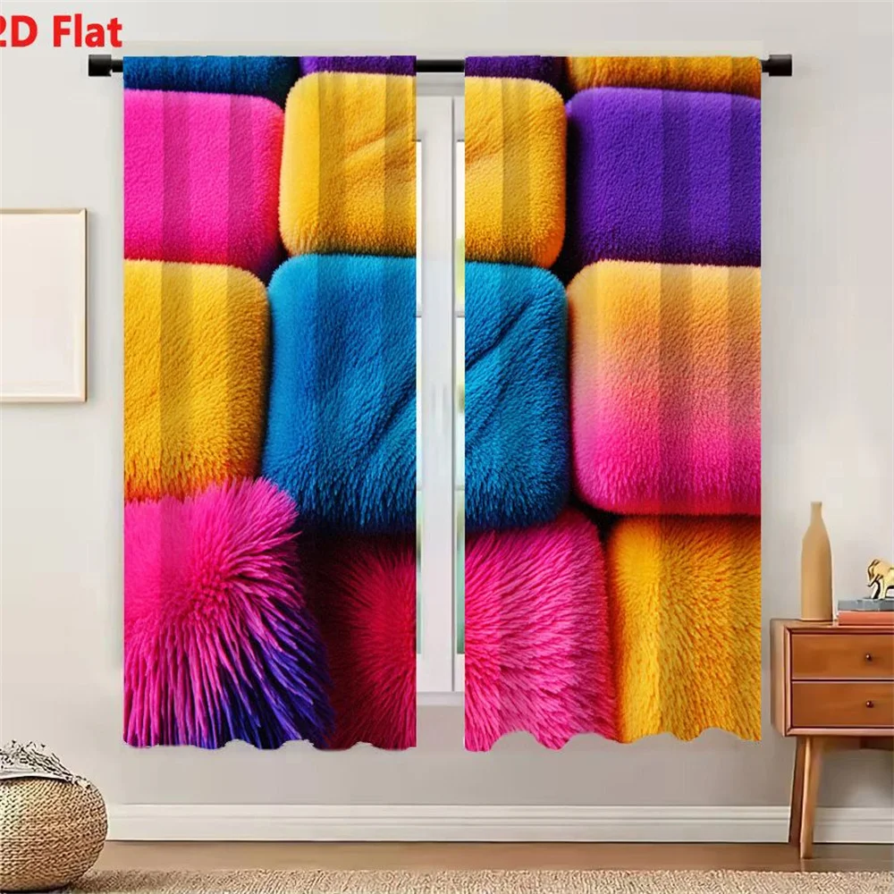2Pcs Curtains 2D Flat Colorful Plush Cushion Arrangement With Soft Fur And Spiky Tufted Textures In Bright Pink Yellow Purple Gr