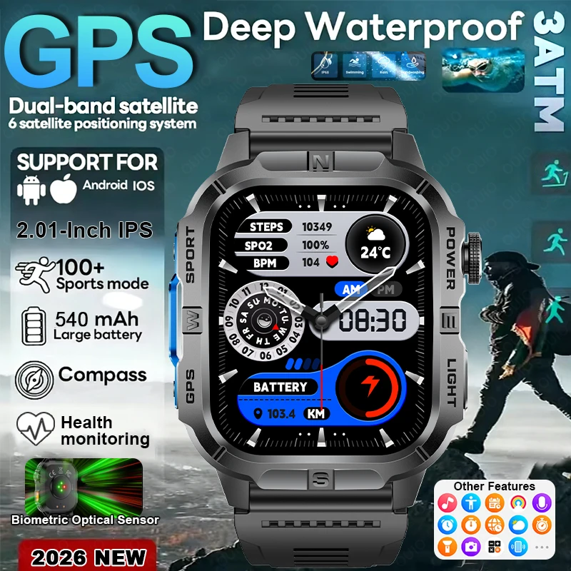 

2026 New GPS Smart Watch 2.01 Inch Compass 100+ Sports Mode Health Monitoring Flashlight IP68 Waterproof SOS Function Smartwatch