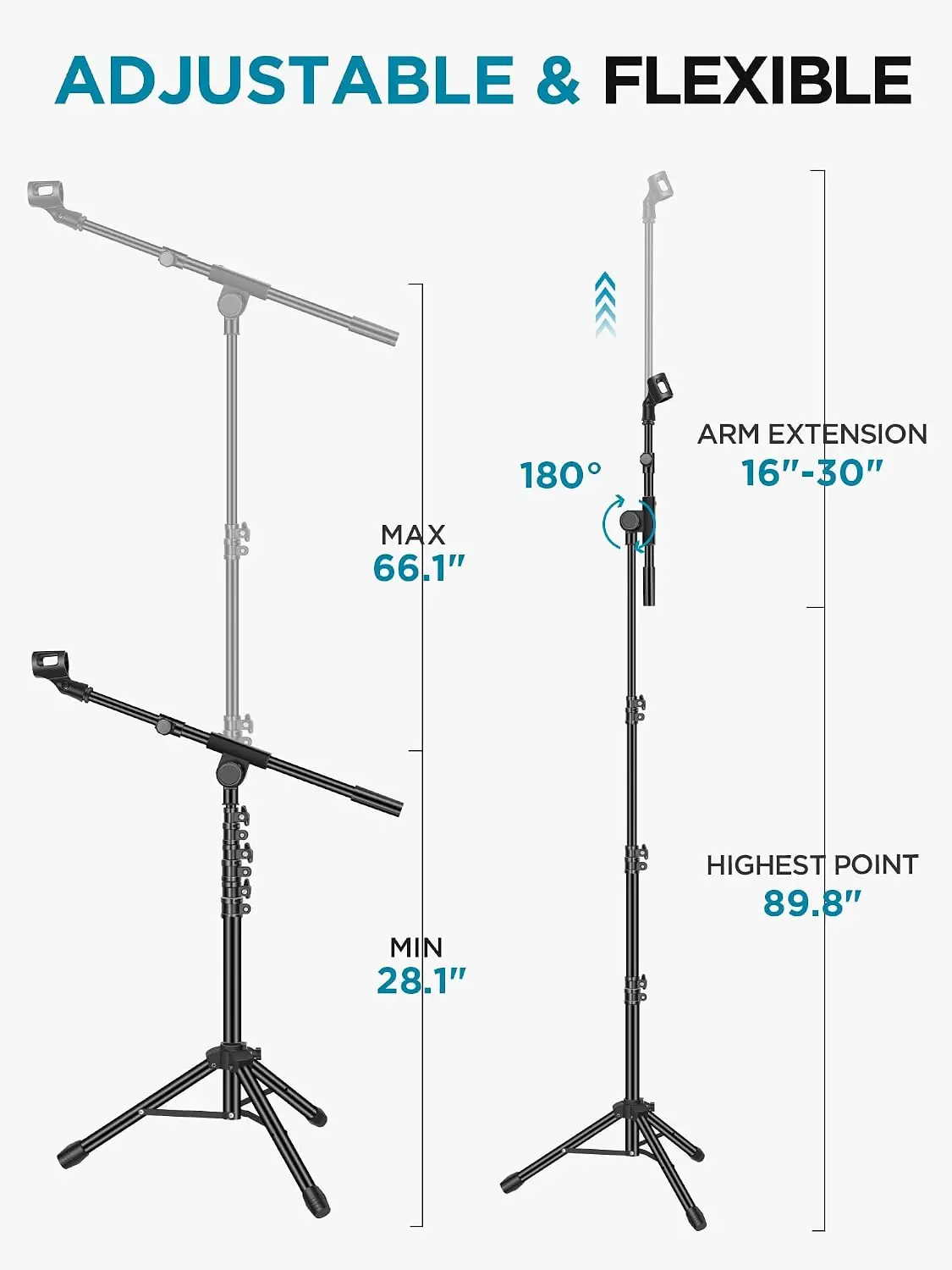 2 Pack Microphone Stand with Boom Arm, Adjustable Tripod Floor Mic Stand for Singing Podcast, Compatible with Blue Yeti Shure SM58 SM48 view 3