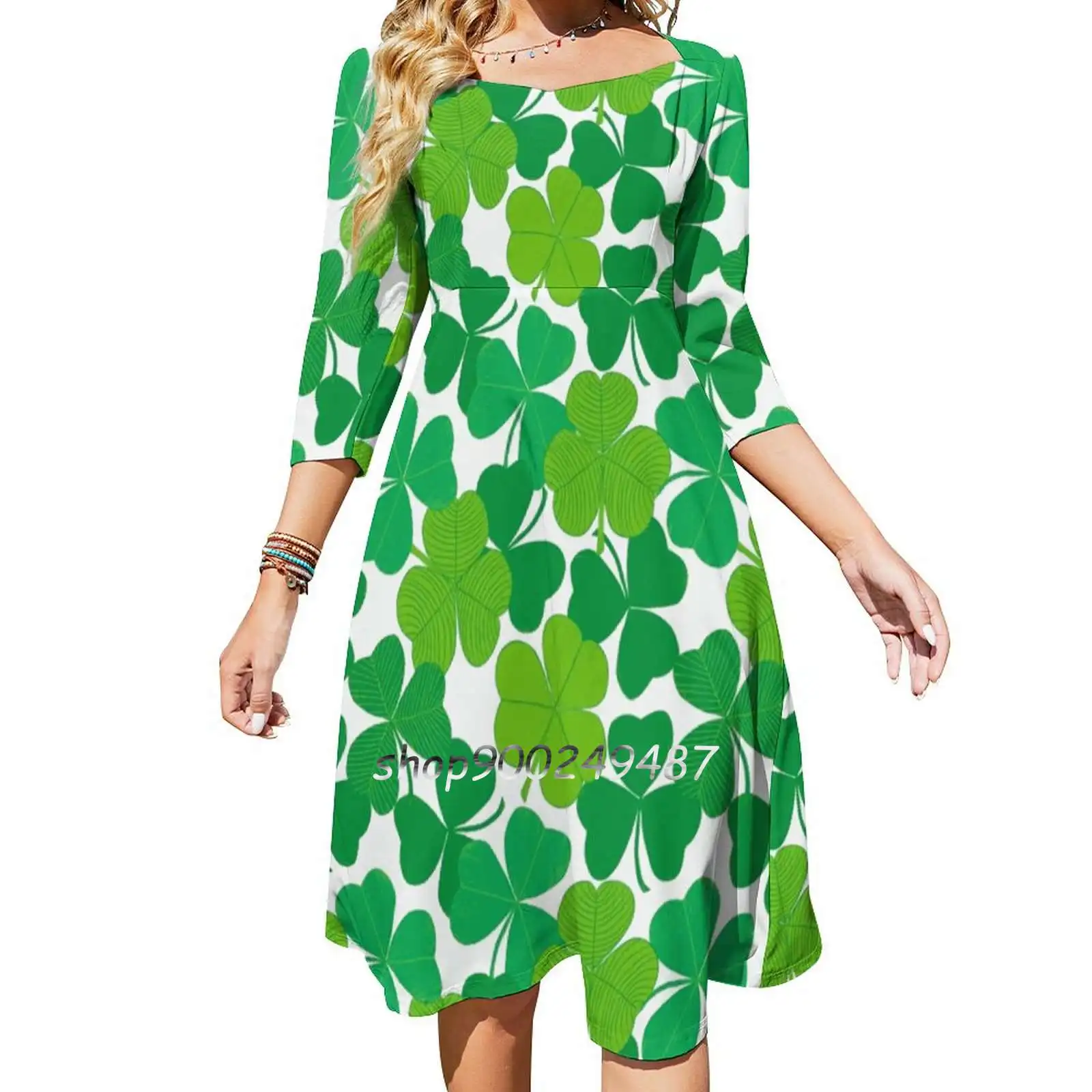 Shamrock Pattern Square Neck Dress New Plus Size Elegant Women Waist Tight Dress Patterns Ireland Irish Shamrocks Clover Luck