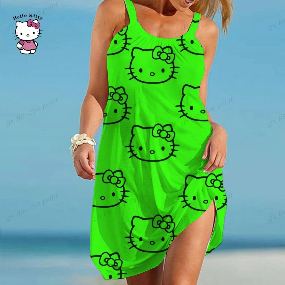 Sommer Damen elegante Rundhals ausschnitt Vintage Hals ärmellose Neck holder Print Dress hello Kitty Druck sexy Party kleid Vestidos