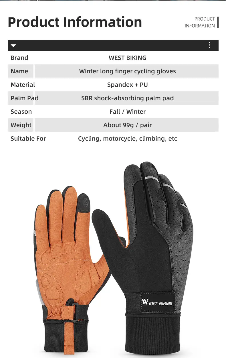 WEST BIKING Winter-Thermo-Fahrradhandschuhe für Herren, winddicht, mit Fleece, Touchscreen-fähig, aus PU-Leder, stoßdämpfend, mit SBR-Anti-Rutsch-Beschichtung, lange Manschetten. – Detail 3