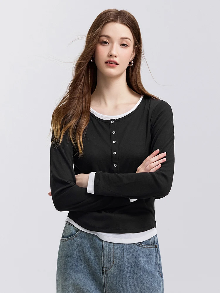 Semir Long Sleeve T-Shirt Women Short Skinny Slimming Simple 2025 Spring New Faux Two-piece Contrast Color Bottoming Shirt image 6