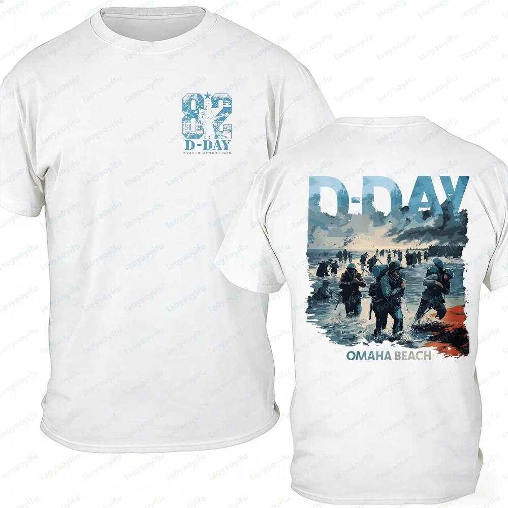 82nd Anniversary D-Day Normandy Landing 2026 T-Shirt Men's Omaha Beach WWII Historical Battlefield Double-Sided Print Cotton Top