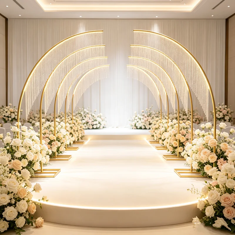 2‑Piece Wedding Aisle Arch Decoration Set, Gold & White Beaded Flower Stand, Background Display Rack for Hall Stage Aisle Party