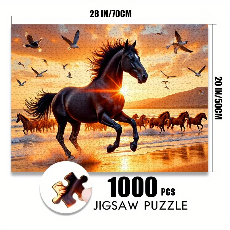 จิ๊กซอว์กระดาษ 500/1000 ชิ้น: ชายฝั่งพระอาทิตย์ตกดิน พร้อมม้าวิ่งและนกนางนวล เกมสำหรับผู้ใหญ่ ของเล่นจิ๊กซอว์ขนาดใหญ่ ของขวัญสำหรับครอบครัว เล่นแบบอินเทอร์แอคทีฟ