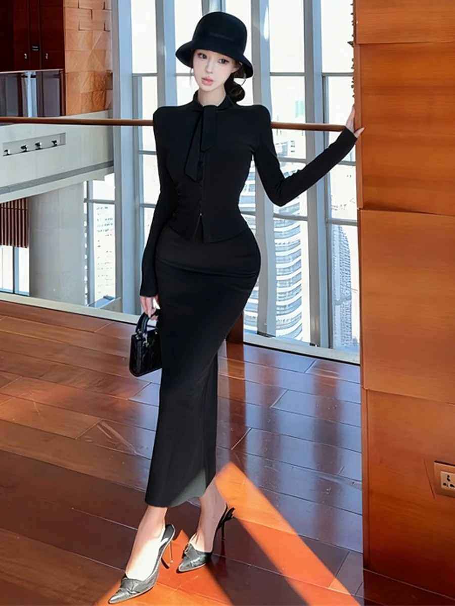 Elegant Long Sleeve Fleece Velvet  Knot Waist Cinching Bodycon Skirt Set Women's Fashion Spring Autumn Wear