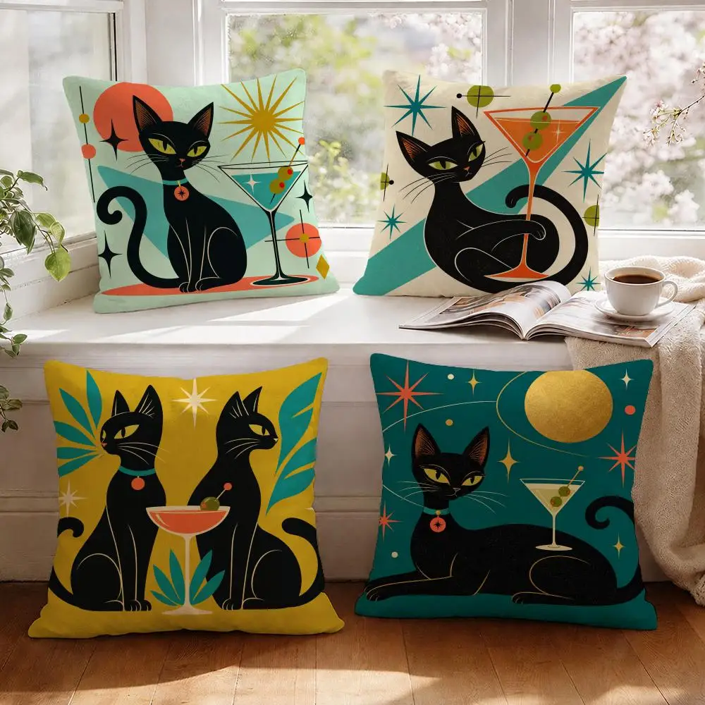 Cat Cocktail Cushion Cover 1/4Pcs Linen Throw Pillow Covers Double-Side Print Sofa Couch Living Room Decor