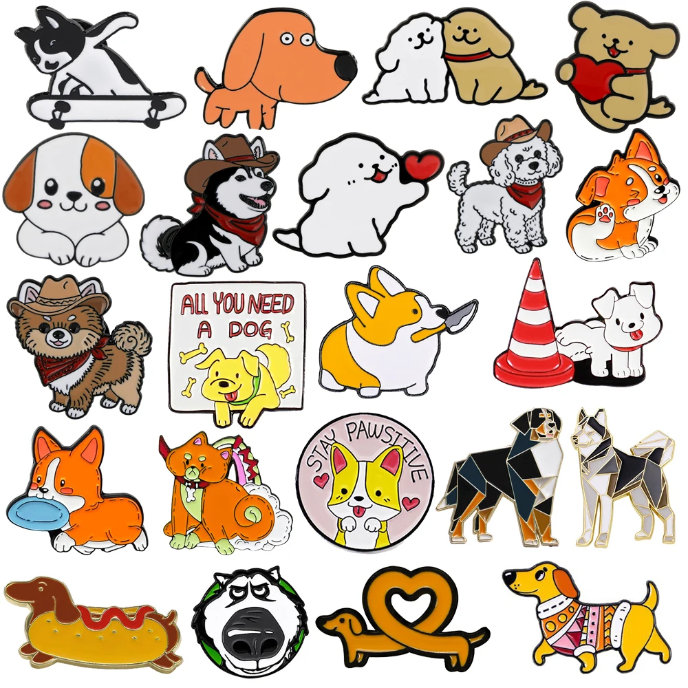 

Cute Dog Enamel Brooch Pins Skateboard Cowboy Dog Corgi Origami Sausage Alaskan Dog Creative Badge Jewelry Gift For Friends Kids