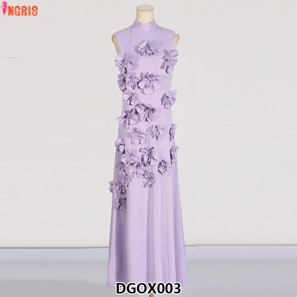 

Custom Design Three-Dimensional Flower Design Stand Collar Sleeveless Knee-Length Dress-DGOX003