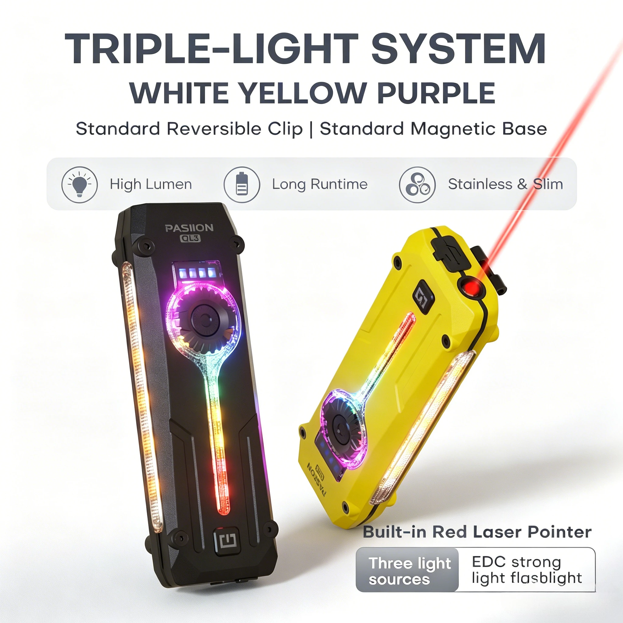 Ultra-Slim EDC Flashlight with UV Light,Triple-Light Rechargeable Flashlight (White/Yellow/UV), Magnetic Base & Clip