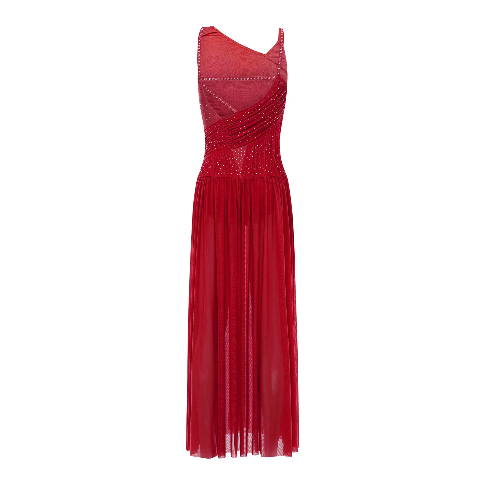 Womens Adult Ballet Lyrical Modern Contemporary Dance Dress Rhinestones Ruched Backless Slit Mesh Hem Dress Performance Costume - view 3