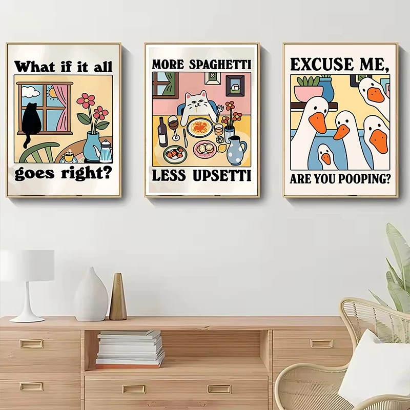1pc frameless More Spaghetti & Less Regretful Cat Kitchen Canvas Print Are You Pooping Goose Wall Art Poster for Living Room Caf