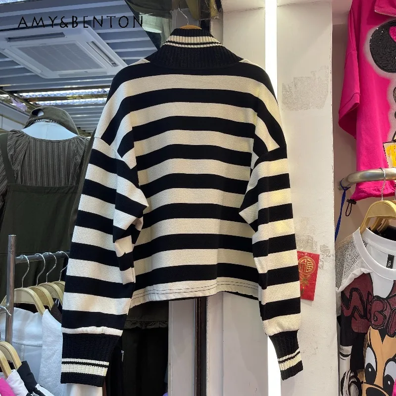 

Heavy Industry Sequin Print Cartoon Hoodies Ladies Loose Long Sleeves Top 2025 Autumn New Black White Striped Zipper Sweatshirts