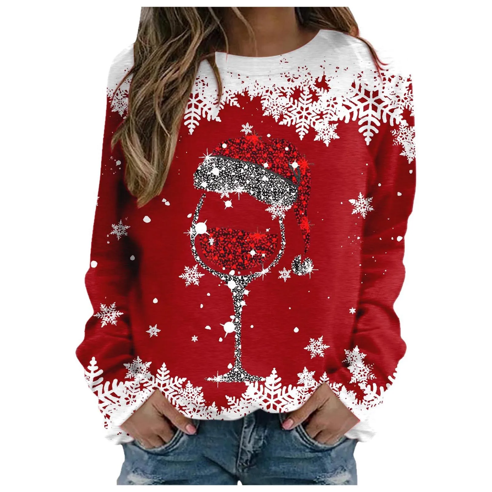 Womens Christmas Sweatshirt Plus Size Red Wine Glass Graphic Print Vintage Running Cozy Hoodies  Hot Selling Clothes 2025