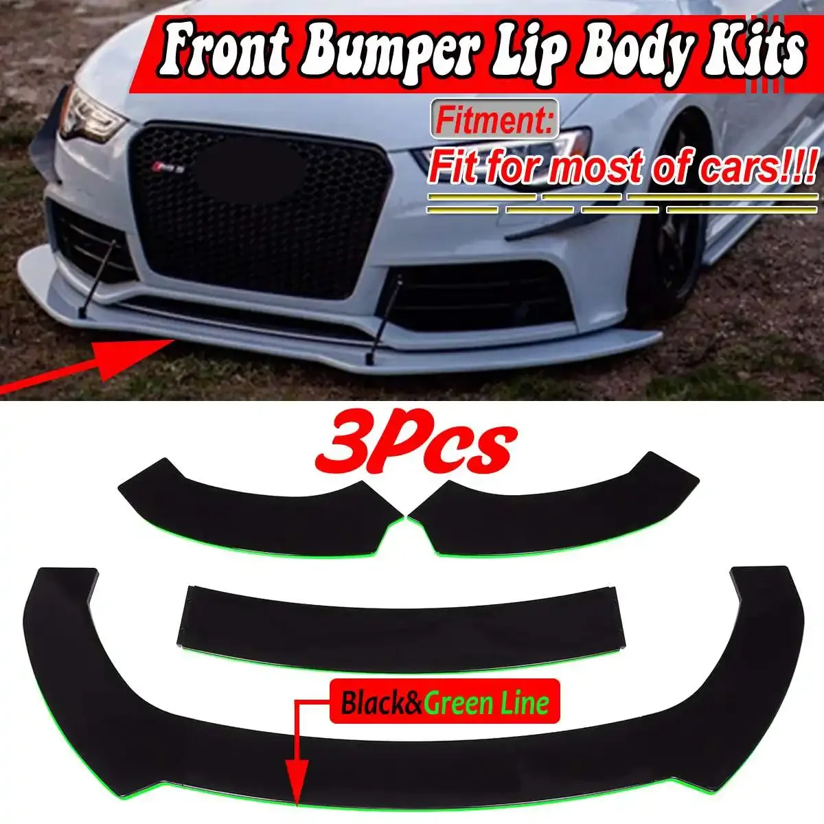 

ABS Universal 3PCS Car Front Bumper Lip Chin Spoiler Splitter Diffuser For Audi A4 A5 A6 A8 For BMW For Ford For VW Body Kit